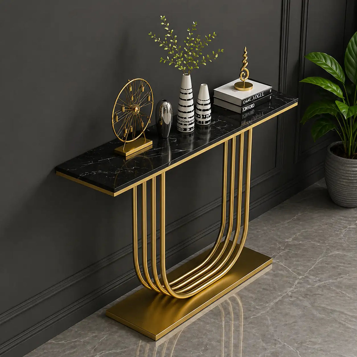 U-Shape Black Marble Golden Console Table