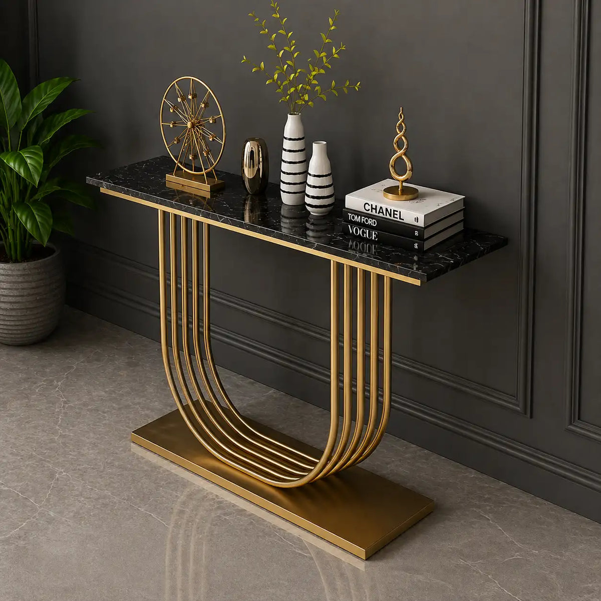 U-Shape Black Marble Golden Console Table