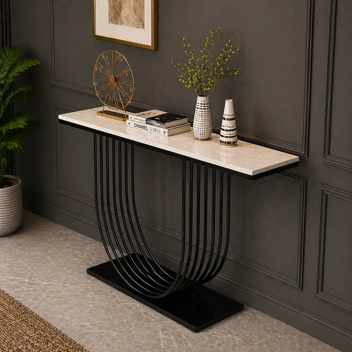 U-Shape White Marble Black Console Table