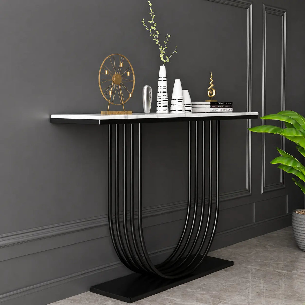 U-Shape White Marble Black Console Table