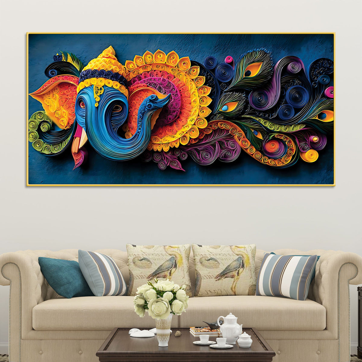Unique Abstract Quilling Art Styled Lord Ganesha Canvas Wall Painting for Home & Office Decoration – Modern Spiritual Wall Decor