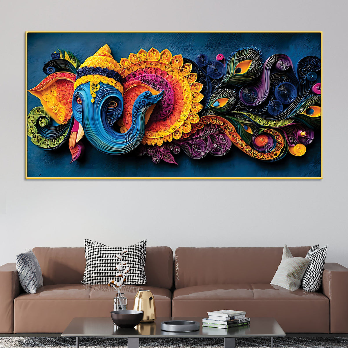 Unique Abstract Quilling Art Styled Lord Ganesha Canvas Wall Painting for Home & Office Decoration – Modern Spiritual Wall Decor