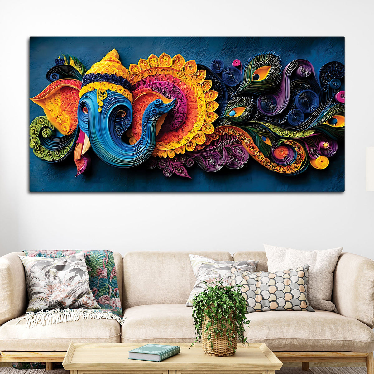 Unique Abstract Quilling Art Styled Lord Ganesha Canvas Wall Painting for Home & Office Decoration – Modern Spiritual Wall Decor