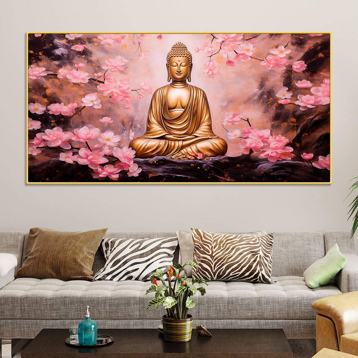 Unique Buddha Wall Painting with Cherry Blossom Theme