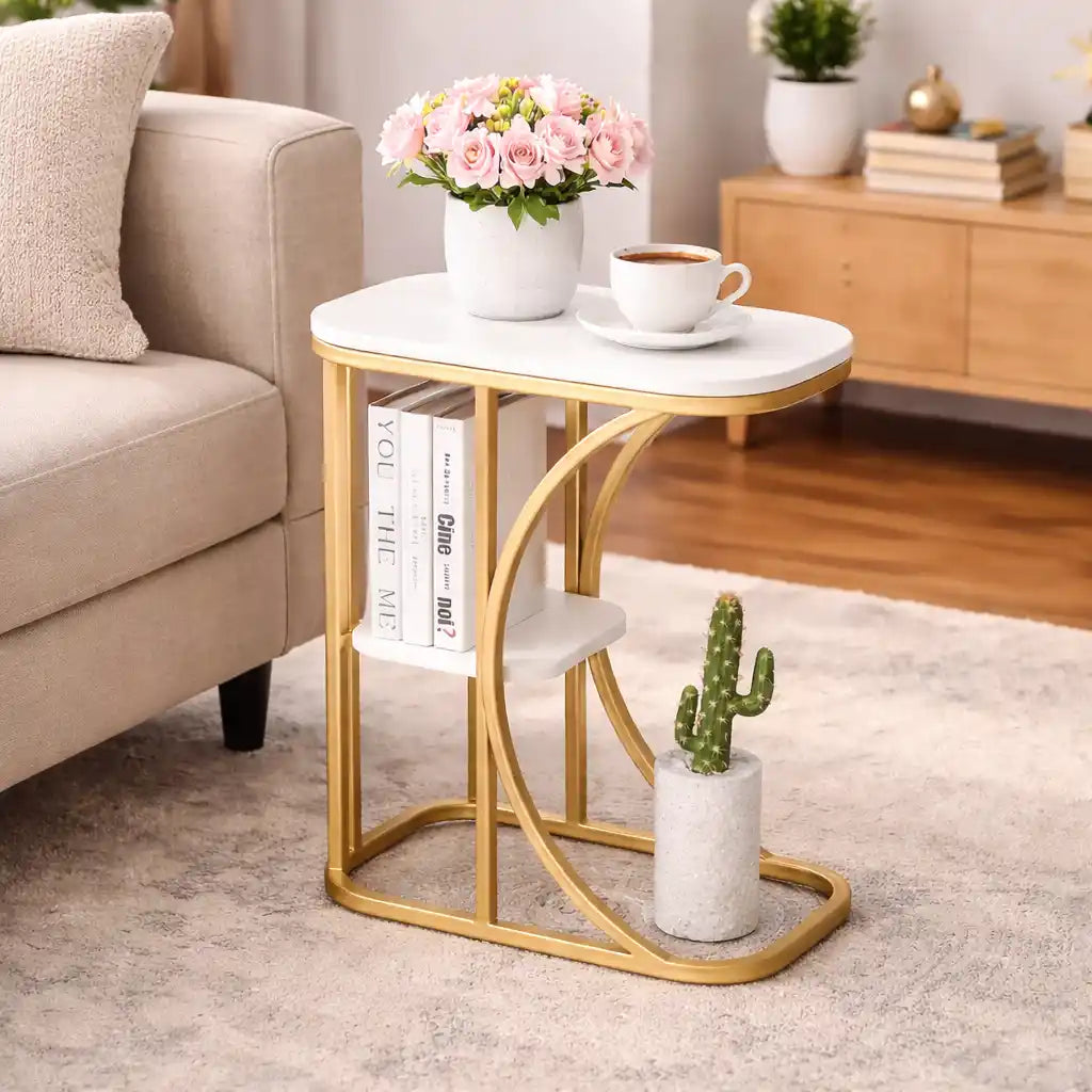 Unique Pattern Designer Side Table with Golden Finish
