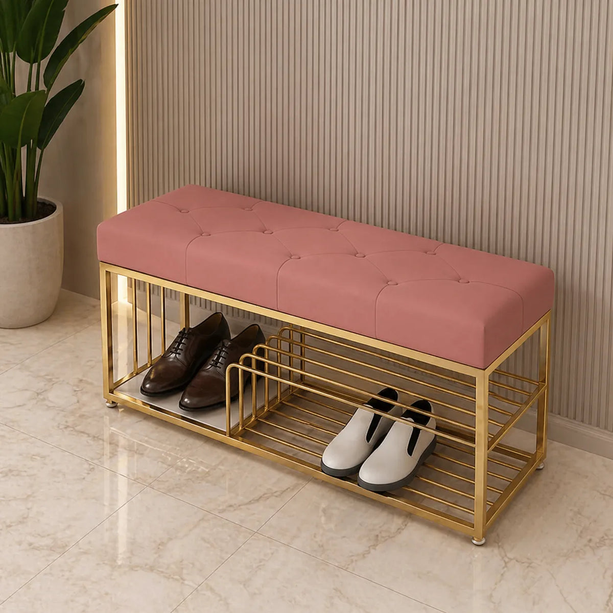Upholstered Pink Velvet Luxurious Golden Shoe Rack Bench Organizer