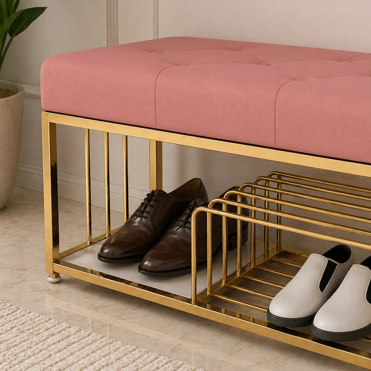 Upholstered Pink Velvet Luxurious Golden Shoe Rack Bench Organizer