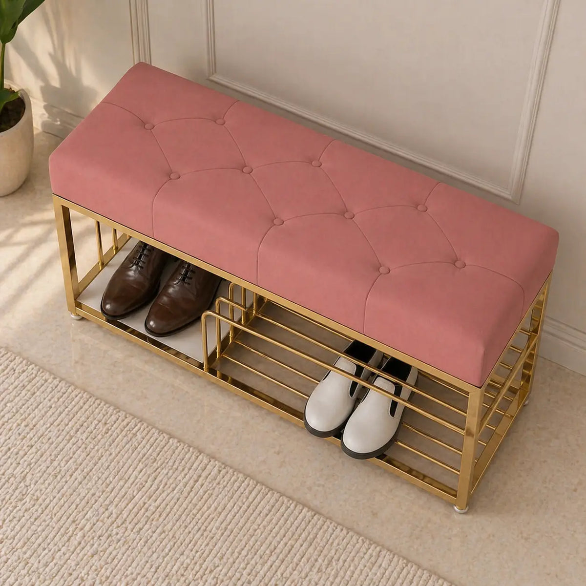 Upholstered Pink Velvet Luxurious Golden Shoe Rack Bench Organizer