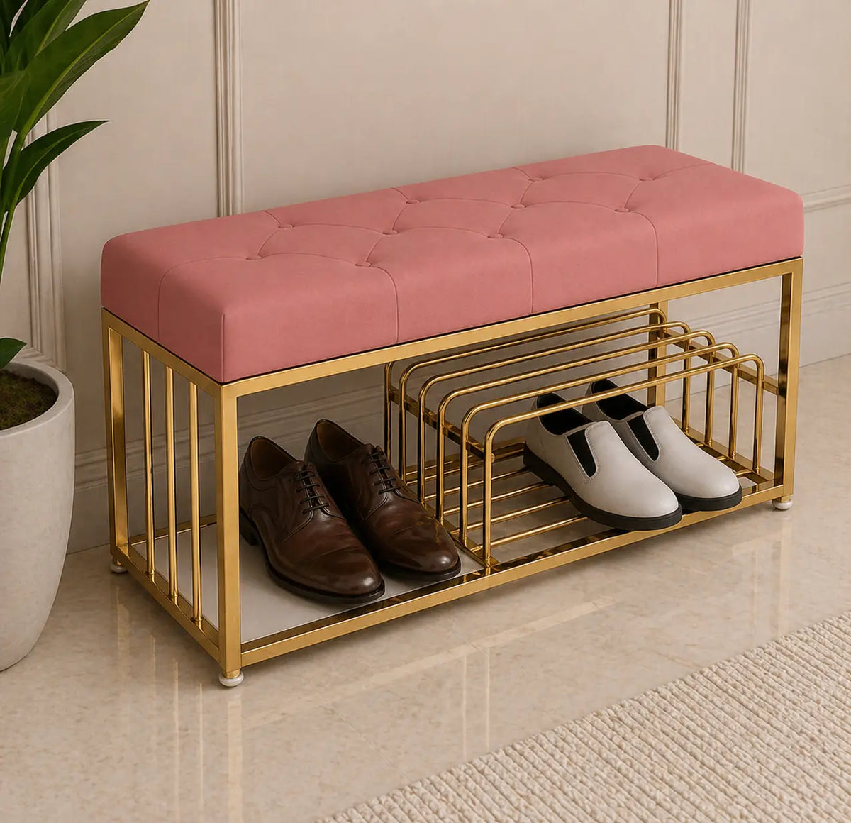 Upholstered Pink Velvet Luxurious Golden Shoe Rack Bench Organizer