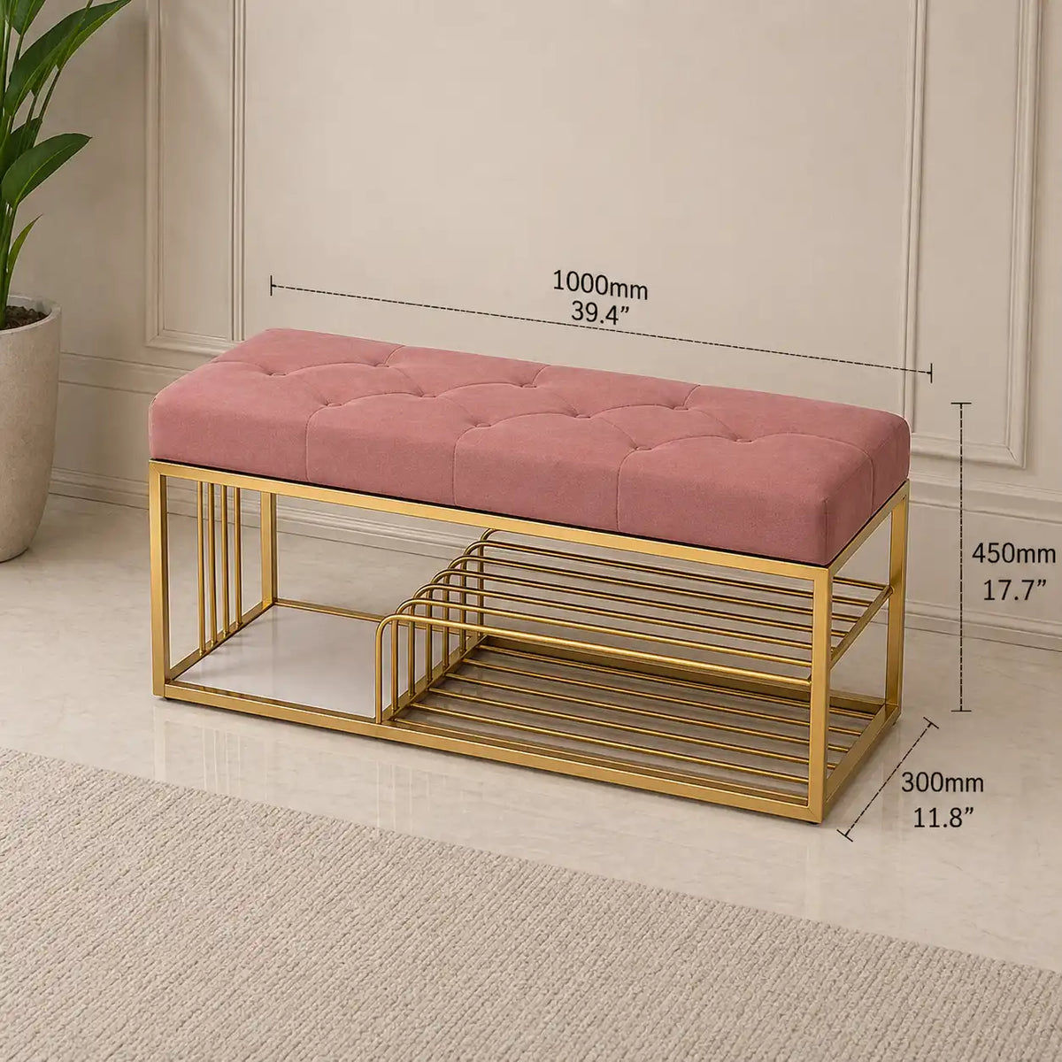 Upholstered Pink Velvet Luxurious Golden Shoe Rack Bench Organizer