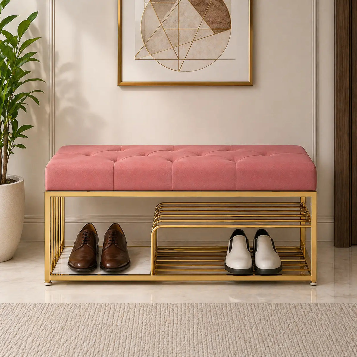 Upholstered Pink Velvet Luxurious Golden Shoe Rack Bench Organizer