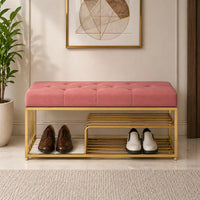 Upholstered Pink Velvet Luxurious Golden Shoe Rack Bench Organizer