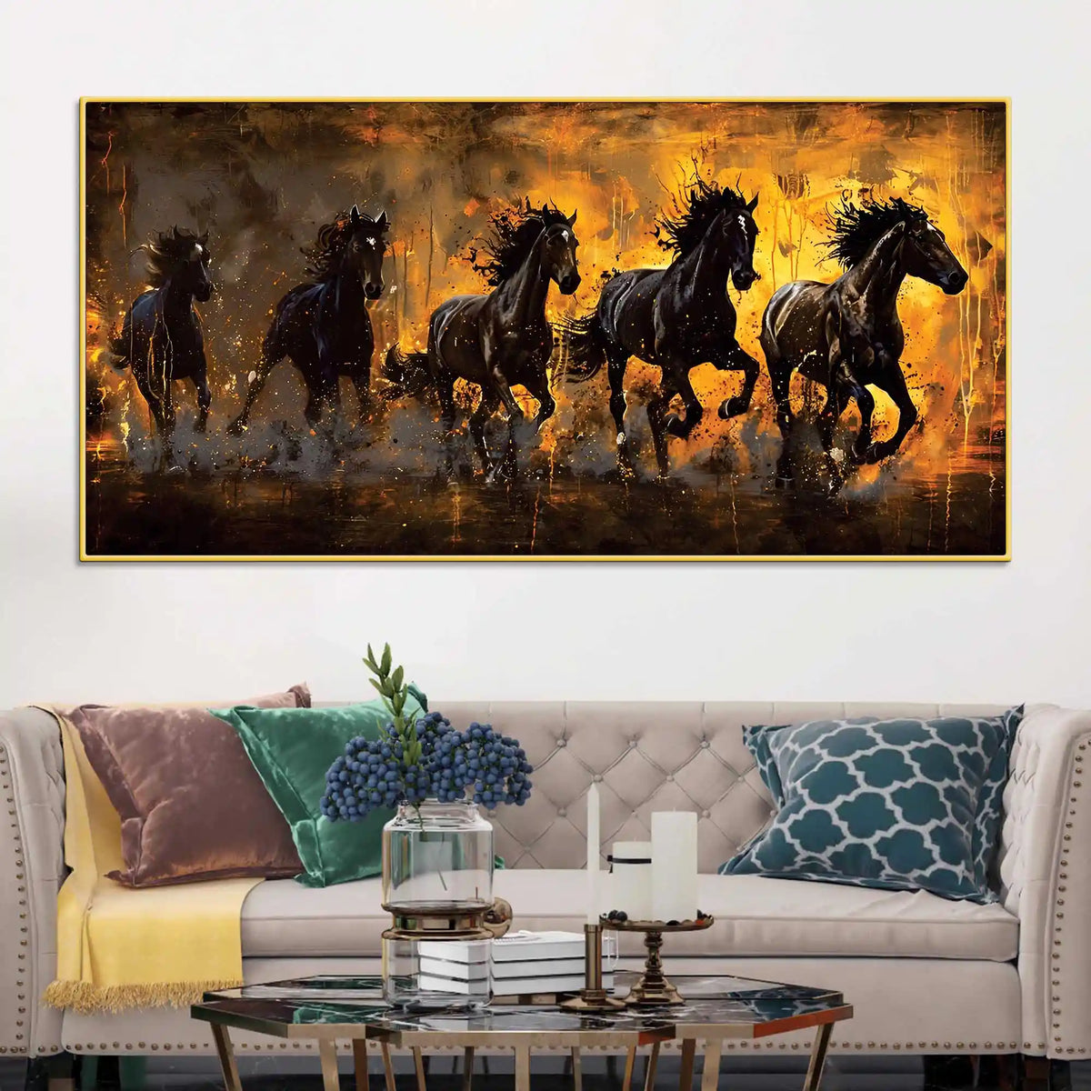Velocious Running Black Horses Abstract Canvas Wall Painting