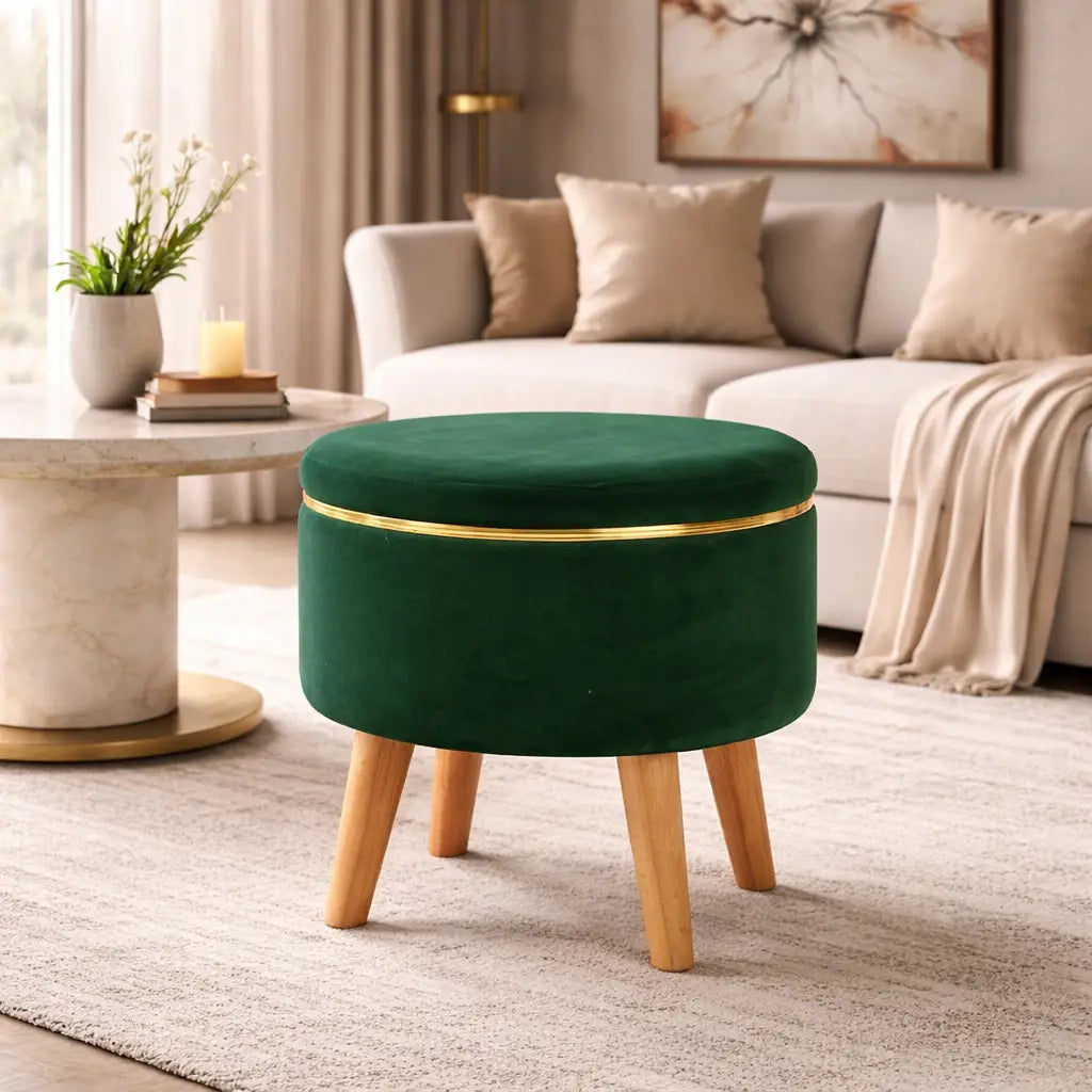 Velvet Round Rich Green Ottoman Chair with Wooden Legs
