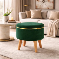 Velvet Round Rich Green Ottoman Chair with Wooden Legs