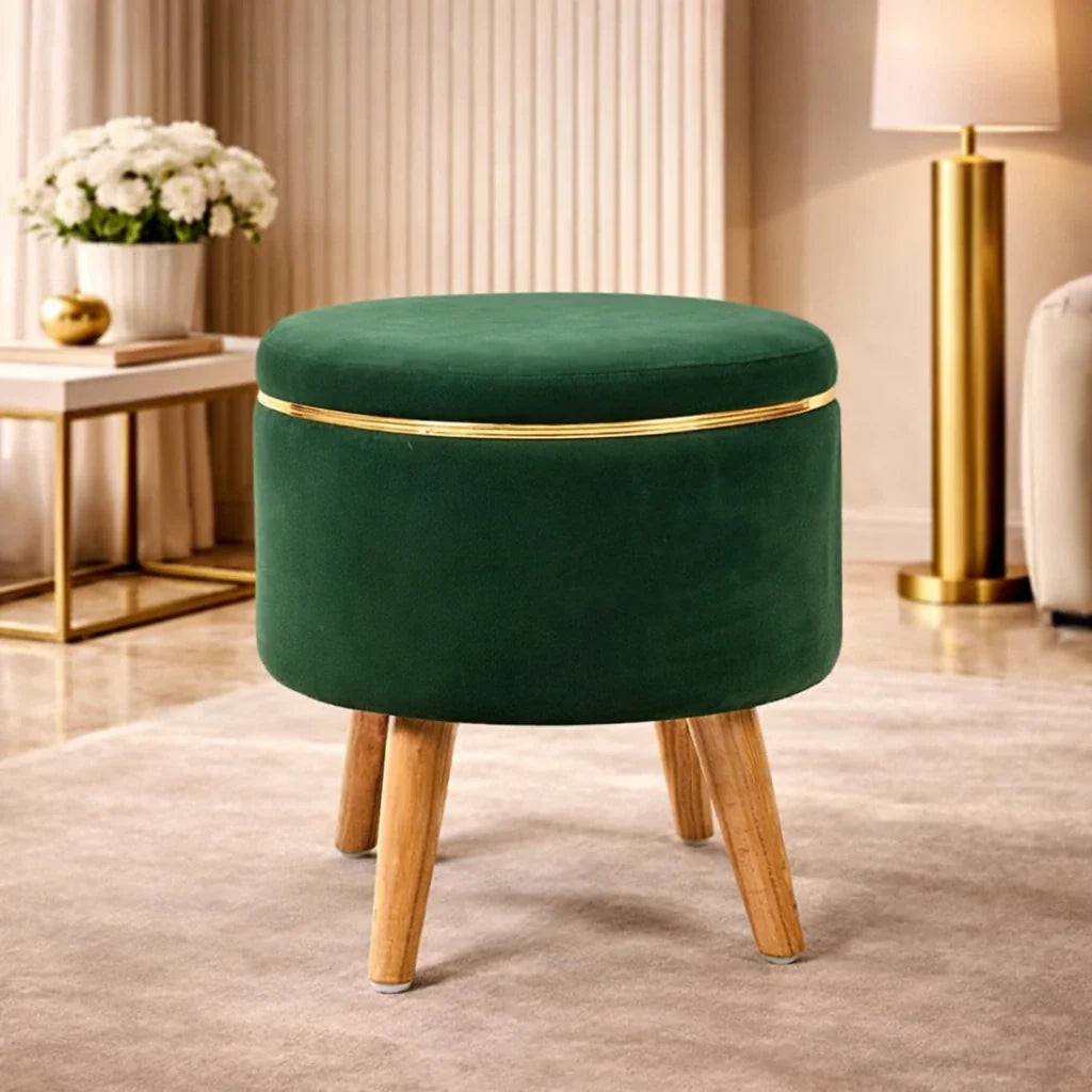 Velvet Round Rich Green Ottoman Chair with Wooden Legs