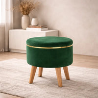 Velvet Round Rich Green Ottoman Chair with Wooden Legs