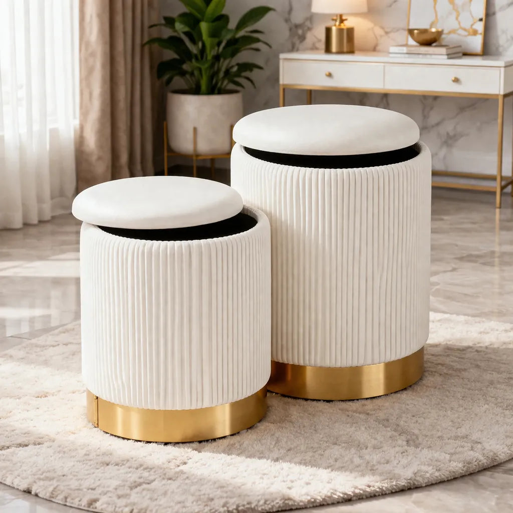 Velvet Round Storage Ottoman with Storage Set of 2