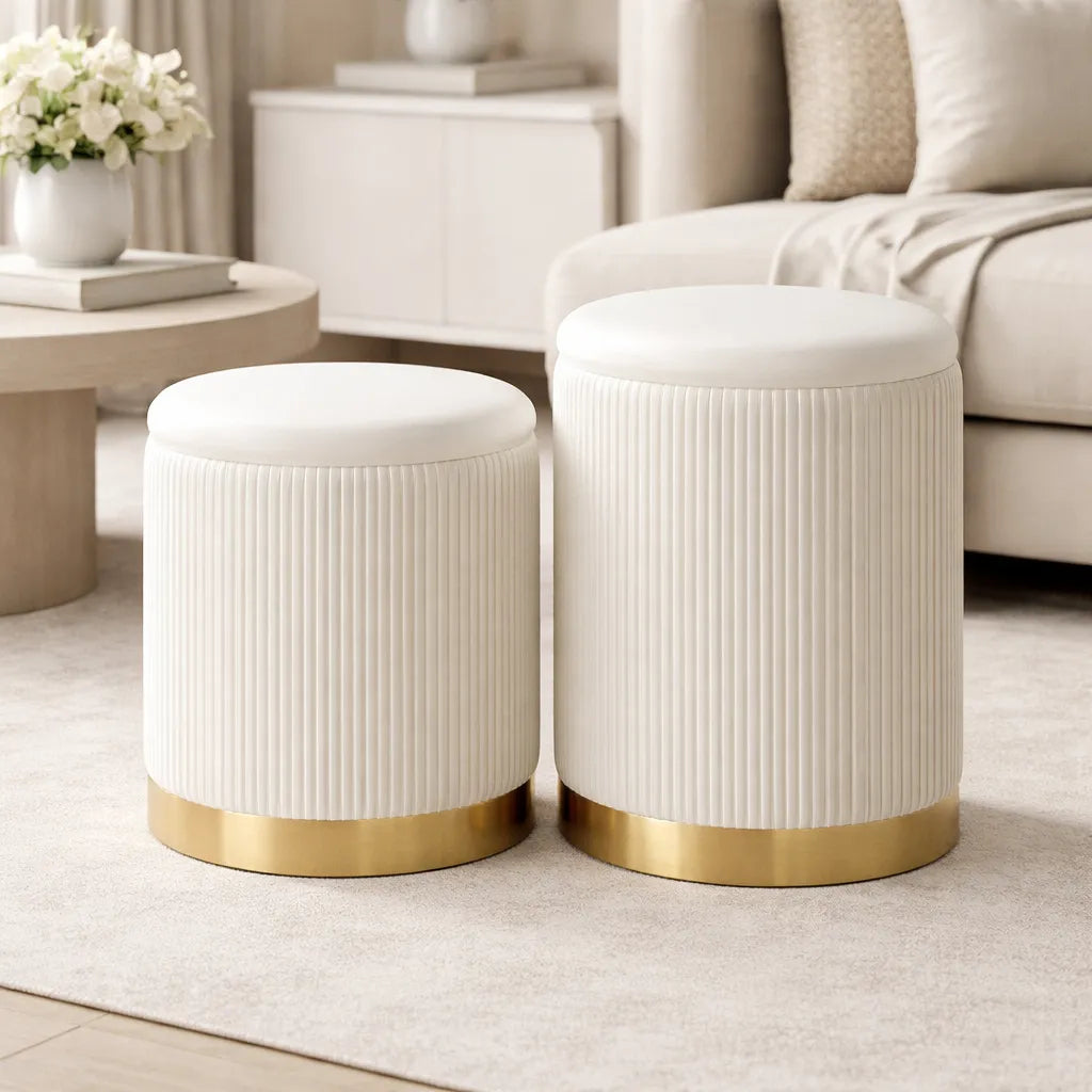 Velvet Round Storage Ottoman with Storage Set of 2