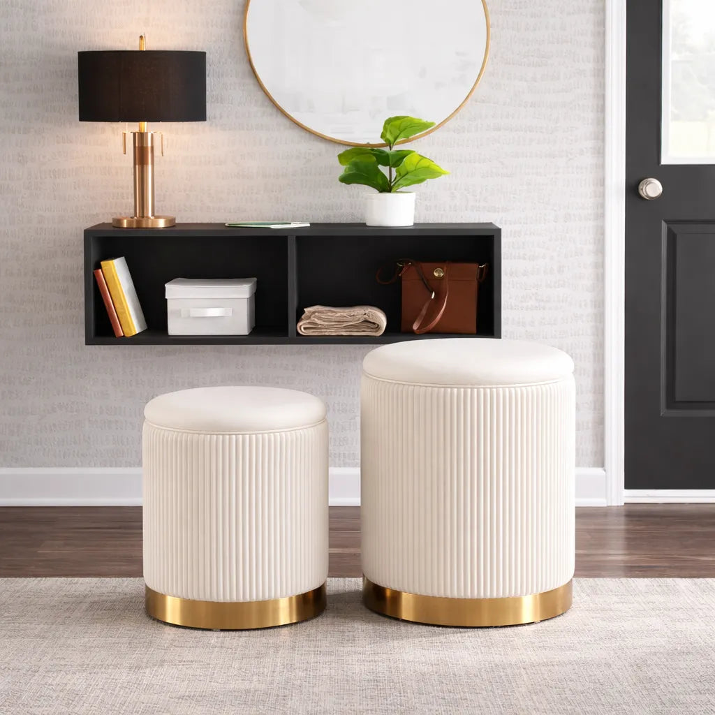 Velvet Round Storage Ottoman with Storage Set of 2
