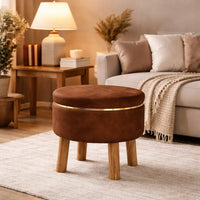 Velvet Round Tan Brown Ottoman Chair with Wooden Legs