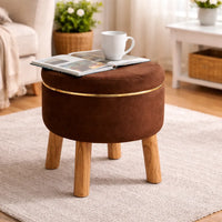 Velvet Round Tan Brown Ottoman Chair with Wooden Legs