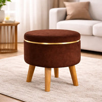 Velvet Round Tan Brown Ottoman Chair with Wooden Legs