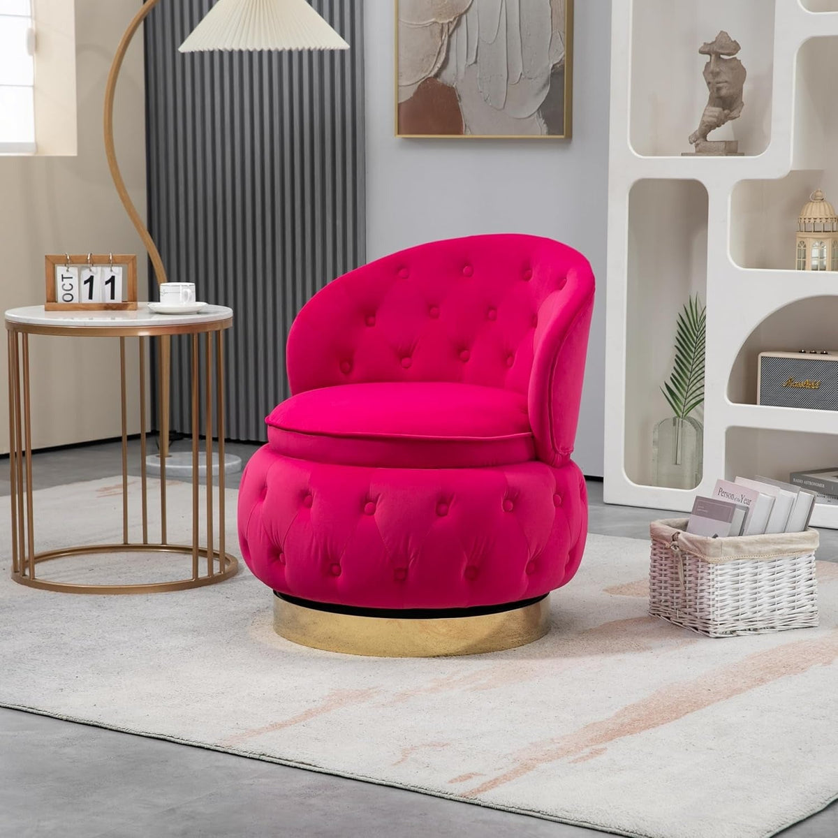 Velvet Swivel Ottoman Sofa Chair with Rich Pink Tufted Back and Gold-Plated Base
