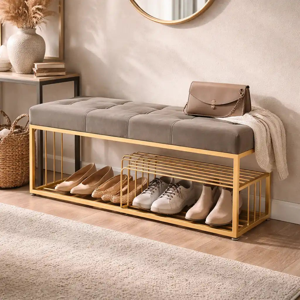 Velvet Upholstered Luxurious Golden Shoe Rack Bench Organizer