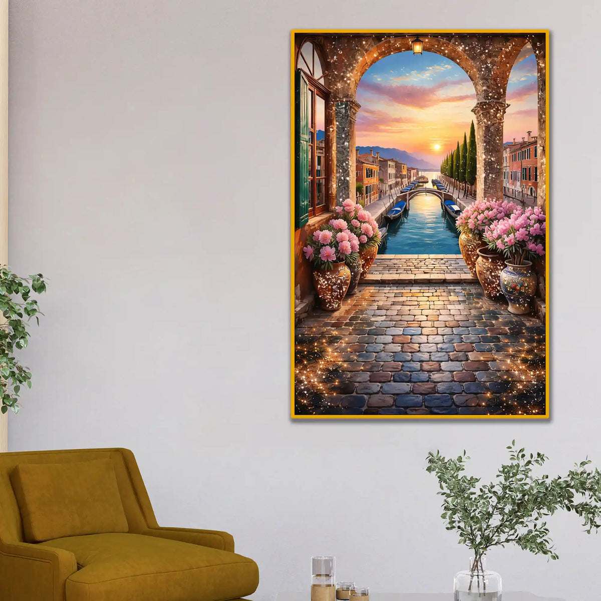 Venice Canal Sunset Floating Frame Crystal Wall Painting