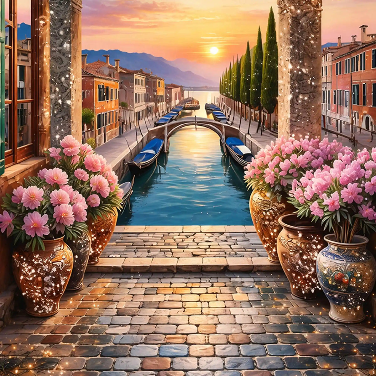 Venice Canal Sunset Floating Frame Crystal Wall Painting