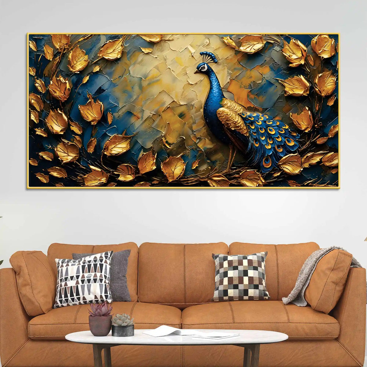 Verdant Gold Blue Peacock Canvas Wall Painting