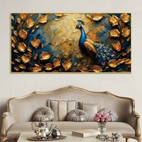 Verdant Gold Blue Peacock Canvas Wall Painting