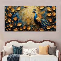 Verdant Gold Blue Peacock Canvas Wall Painting