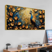 Verdant Gold Blue Peacock Canvas Wall Painting