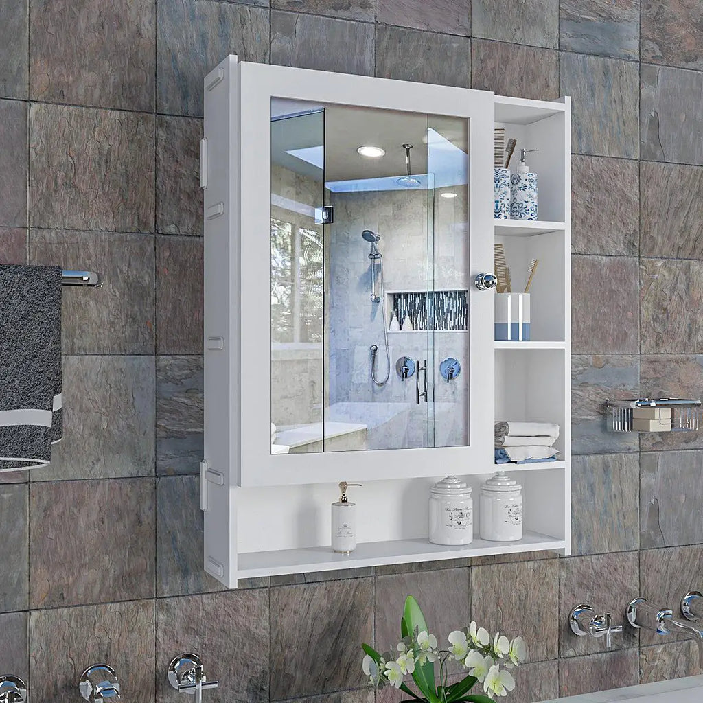 Aesthetic Design Spacious Wooden Bathroom Mirror Cabinet with 6 Shelves with White Finish