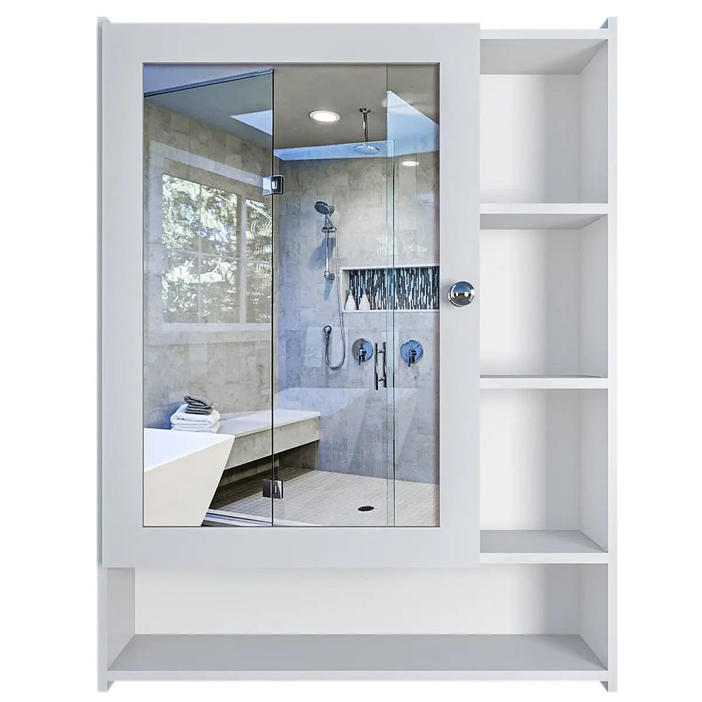 Aesthetic Design Spacious Wooden Bathroom Mirror Cabinet with 6 Shelves with White Finish