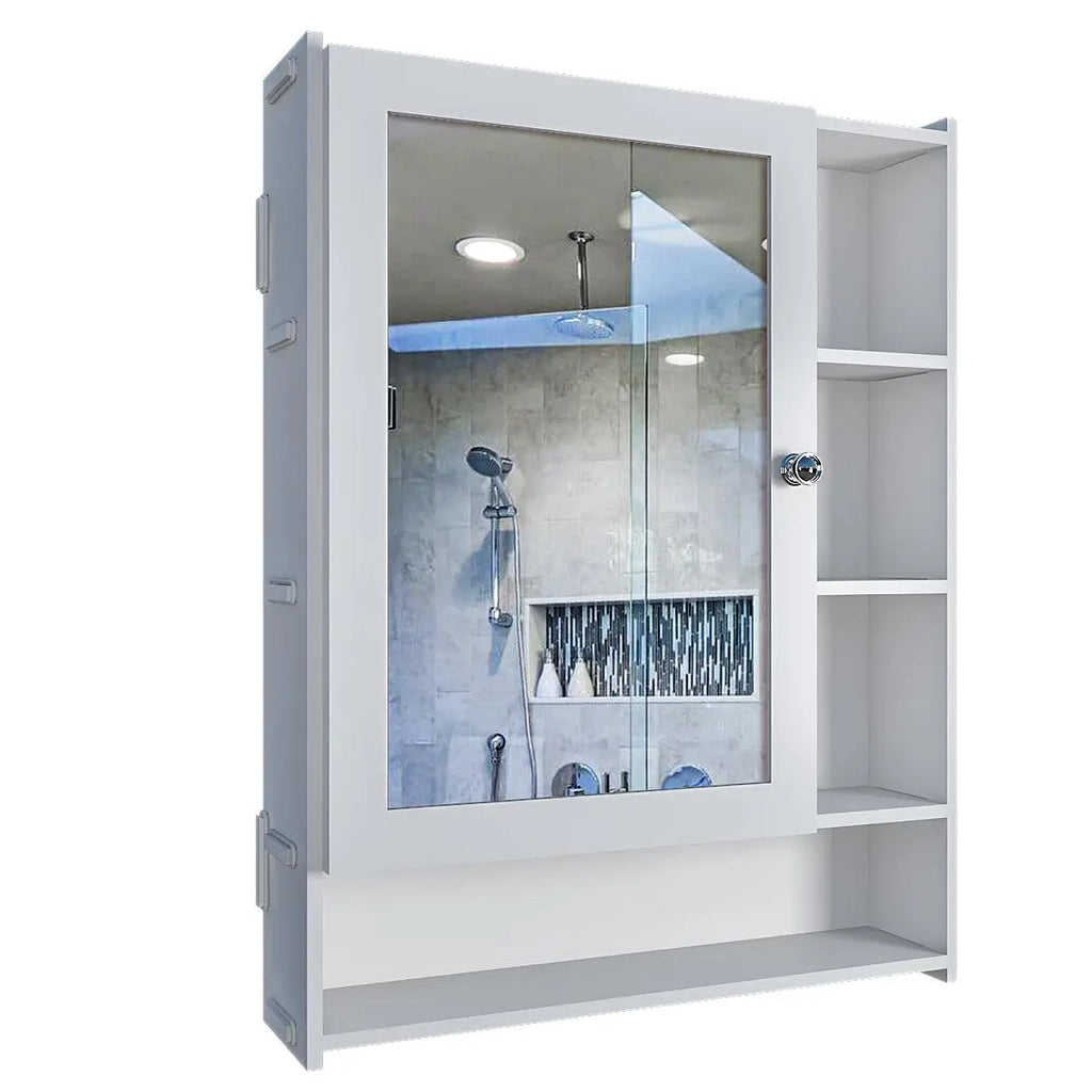 Aesthetic Design Spacious Wooden Bathroom Mirror Cabinet with 6 Shelves with White Finish