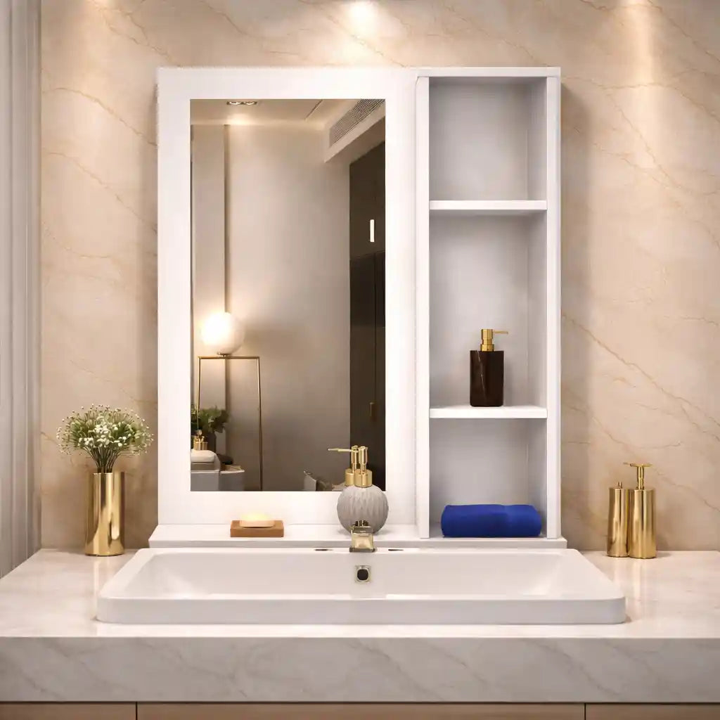 Aesthetic Wooden Bathroom Cabinet Mirror with 4 Spacious Shelves with White Finish