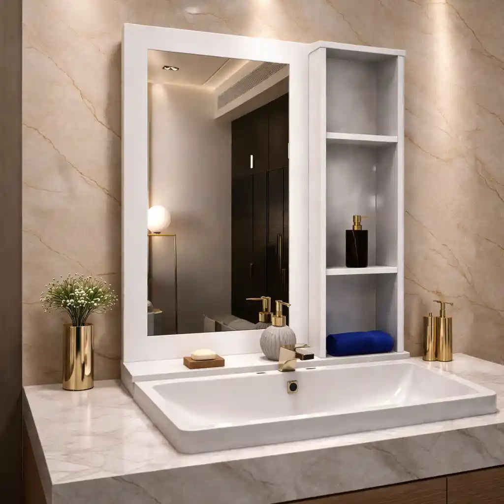 Aesthetic Wooden Bathroom Cabinet Mirror with 4 Spacious Shelves with White Finish