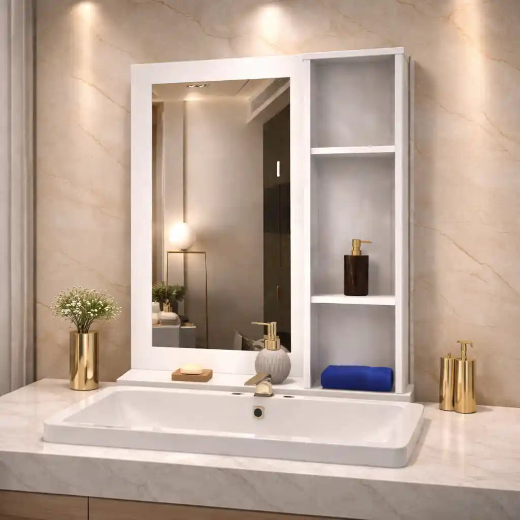 Aesthetic Wooden Bathroom Cabinet Mirror with 4 Spacious Shelves with White Finish
