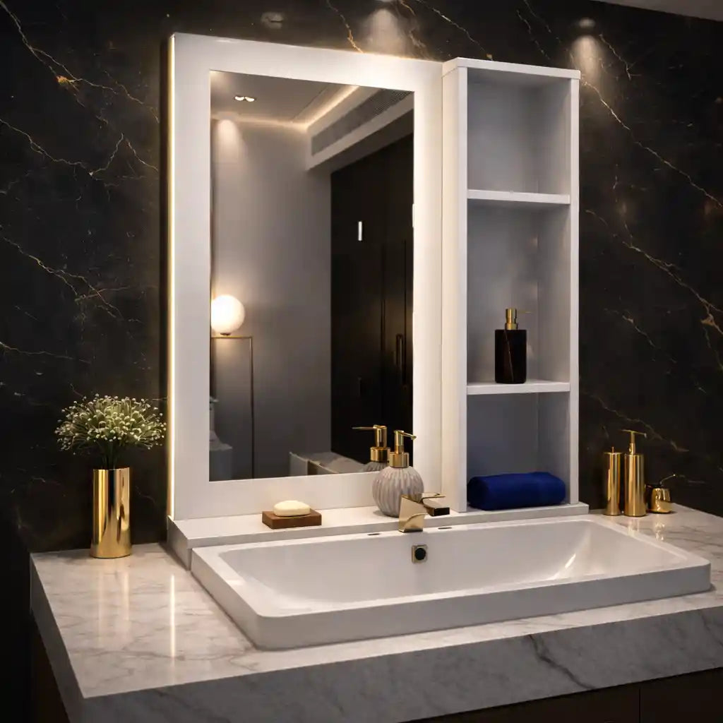 Aesthetic Wooden Bathroom Cabinet Mirror with 4 Spacious Shelves with White Finish