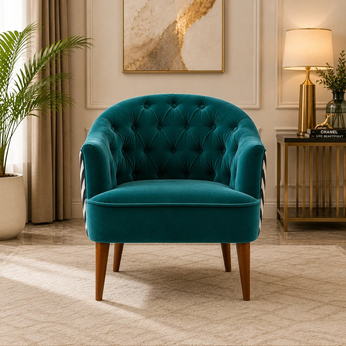 Artistic Cushiony Sea Green Wide Backrest Velvet Sofa Lounge Chair
