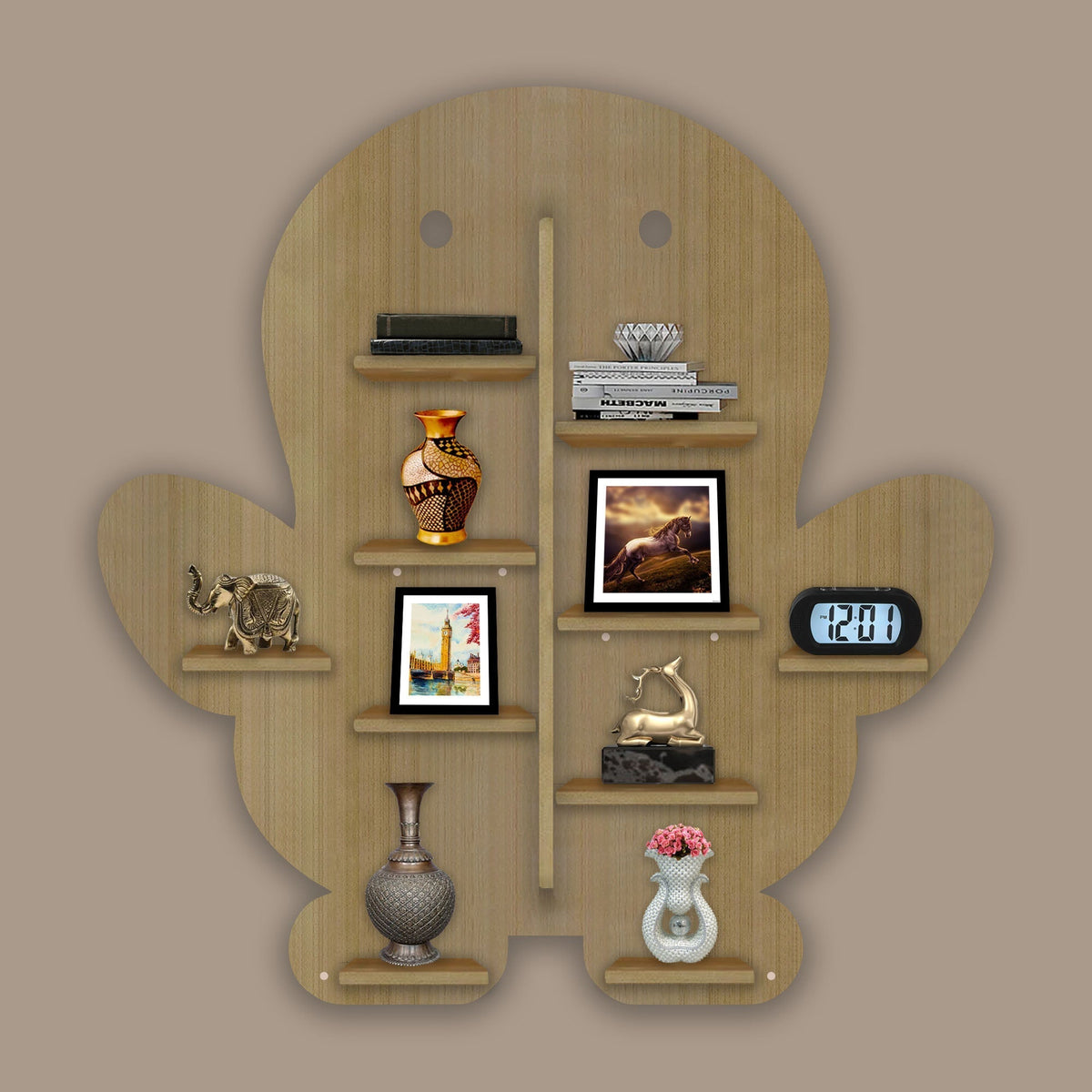 Baby Penguin Shape Wooden LED Light Wall Shelf with Oak Finish