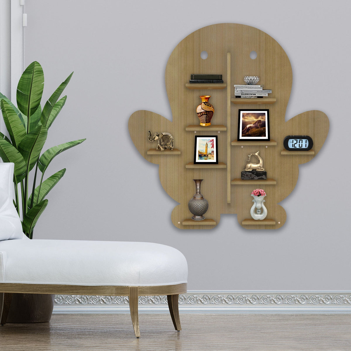 Baby Penguin Shape Wooden LED Light Wall Shelf with Oak Finish