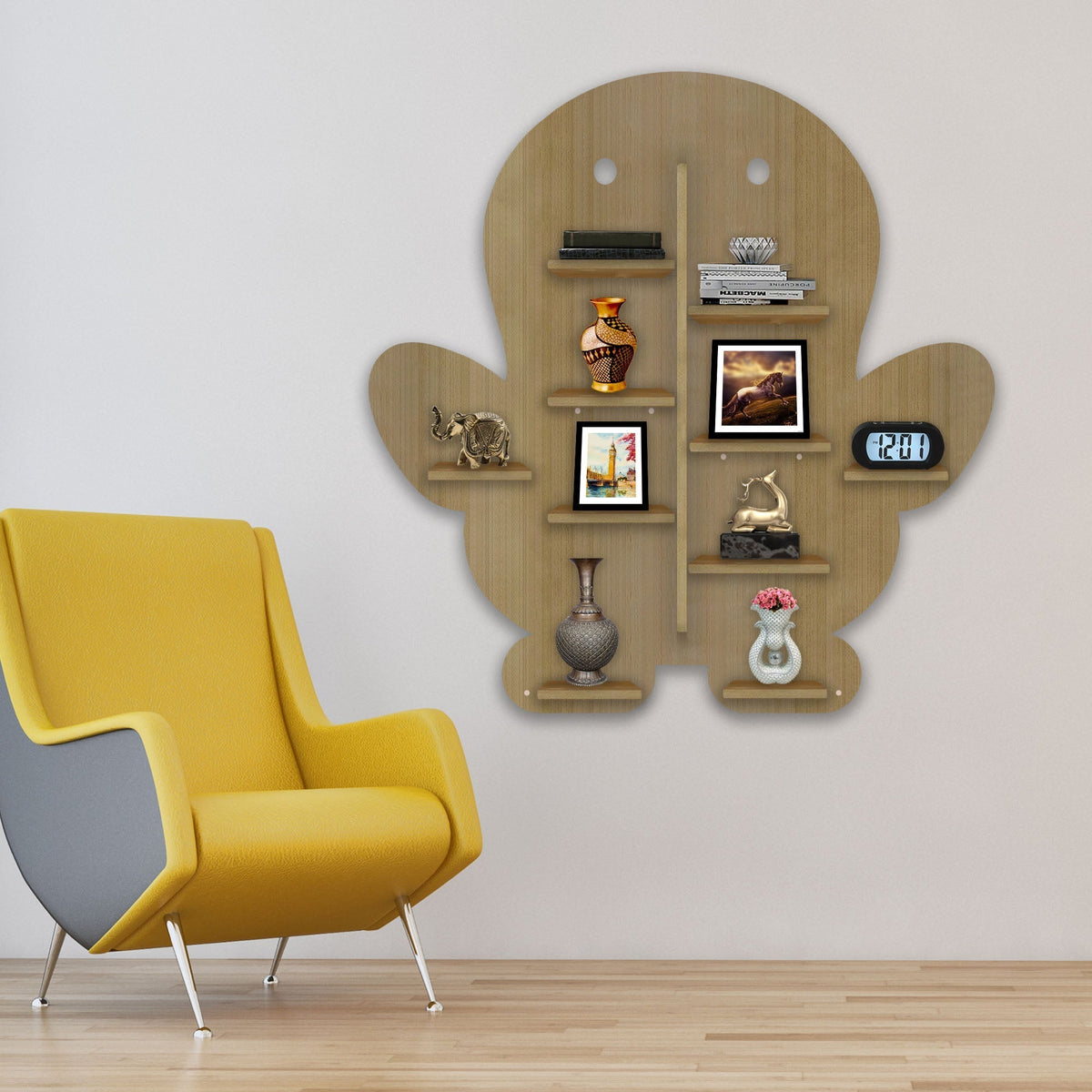 Baby Penguin Shape Wooden LED Light Wall Shelf with Oak Finish