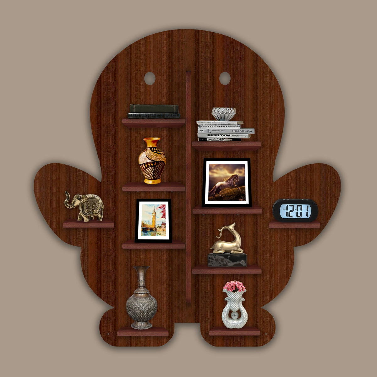 Baby Penguin Shape Wooden LED Light Wall Shelf with Walnut Finish
