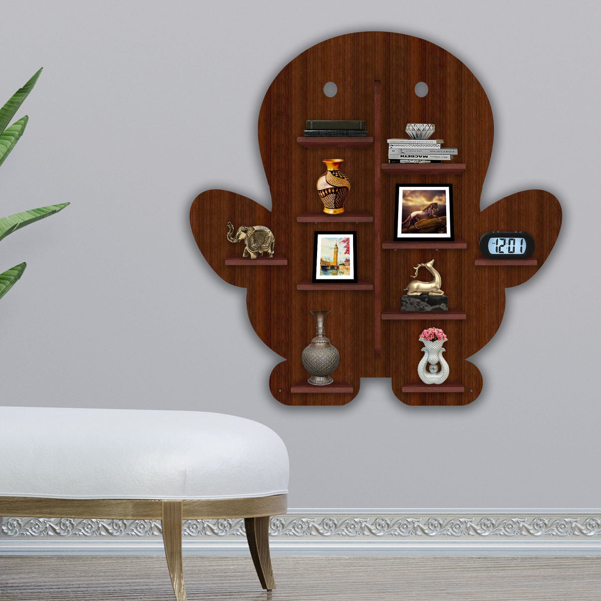 Baby Penguin Shape Wooden LED Light Wall Shelf with Walnut Finish