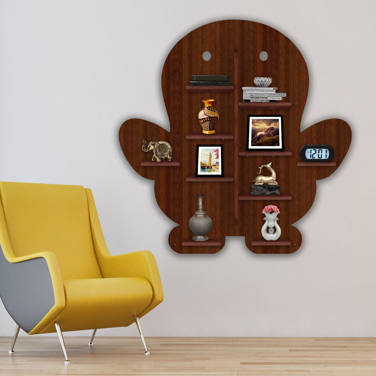Baby Penguin Shape Wooden LED Light Wall Shelf with Walnut Finish