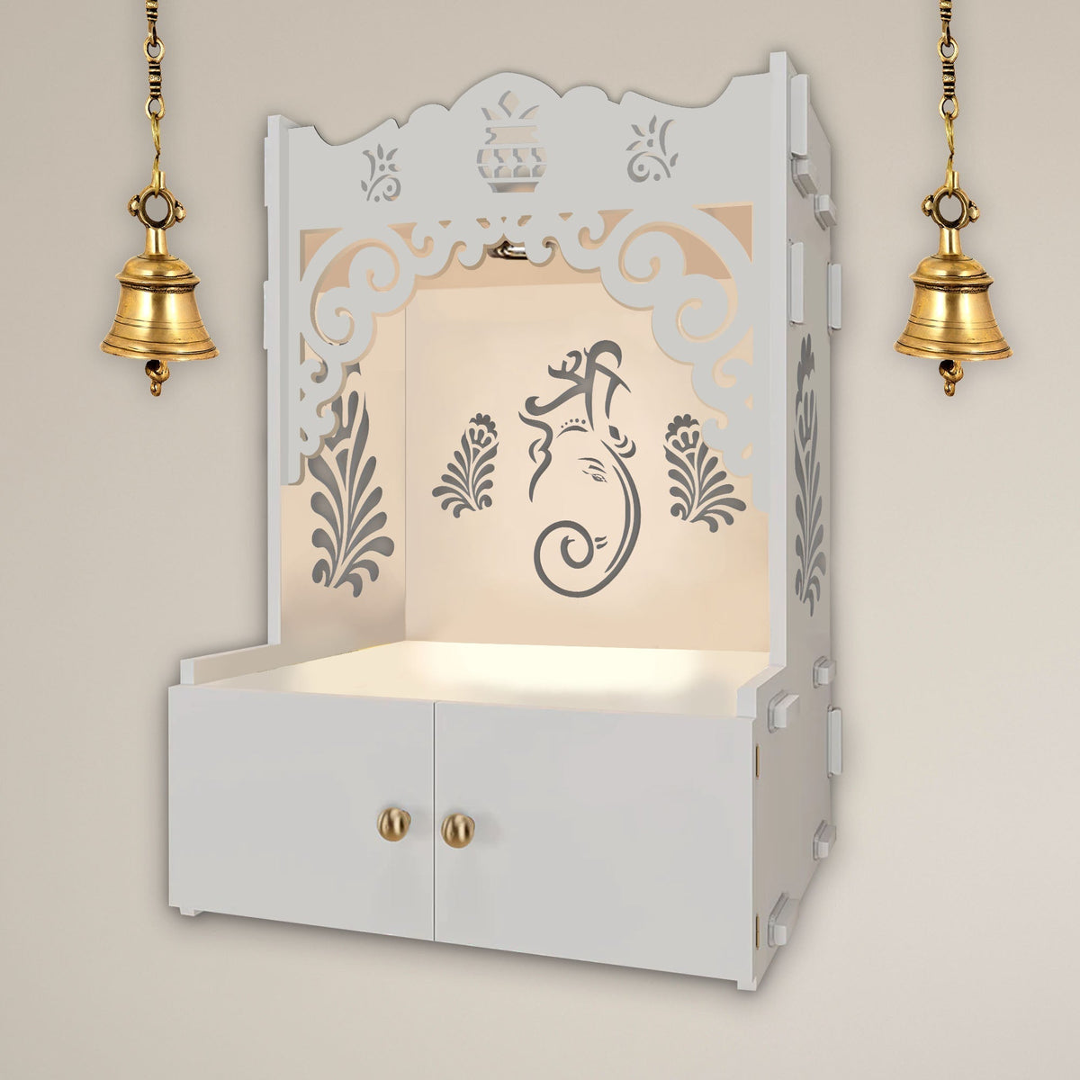 Beautiful Design of Lord Ganesh White Wooden Wall Temple for Home With Inbuilt focus Lights & Spacious Shelf